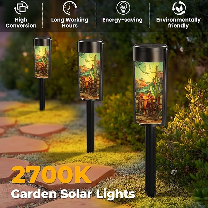 8 Pack Solar Pathway Lights Outdoor Waterproof Stained Glass Golden Sunset Western Border Design Solar Garden Lights LED Landscape Lighting for Yard Walkway Lawn Garden Decor
