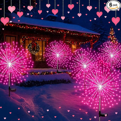 6 Pack Pink Solar Firework Lights 180 LED 8 Lighting Modes Waterproof Outdoor Decorative Solar Lights for Wedding Valentine Birthday Garden Patio Yard Pathway Walkway Lawn Decor