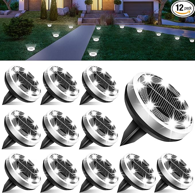 Solar Lights Outdoor Waterproof, 12 Pack 8 LED, Thickened Stainless Steel Ground Light, Solar Garden Lights | Lumora