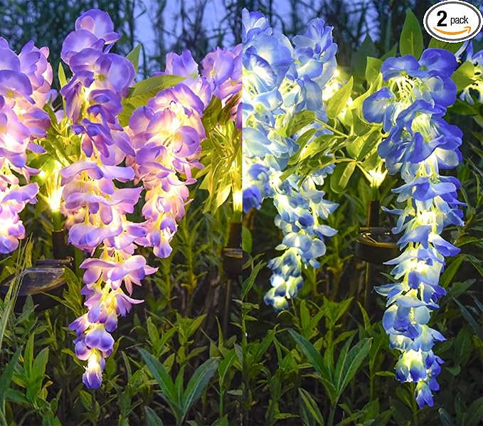 2 Pack Solar Garden Lights Wisteria Flower IP65, Outdoor Waterproof, Warm Light & 2 Lightning Modes, for Gardens, patios, courtyards, and Holiday/Wedding Decorations (Blue & Purple)