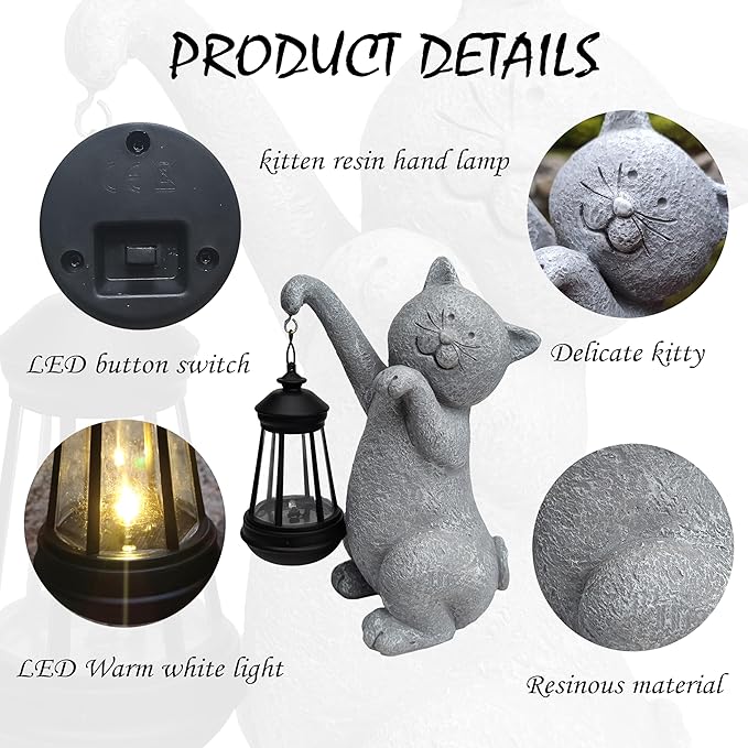 Cat Solar Garden Statues,Resin Cat Figurine Decorations with Solar Lights Lantern, Outdoor Figurines Lawn Cats | Lumora