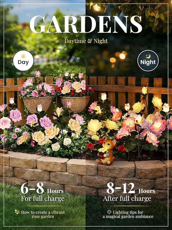 GIGALUMI Solar Lights Outdoor for Garden Decor, 3 Pack Solar Flower Lights Waterproof, 2 Lighting Modes 9 Rose Flowers for Pathway,Yard, Patio Decoration, Gardening Gifts for Women (Multi-Colored)