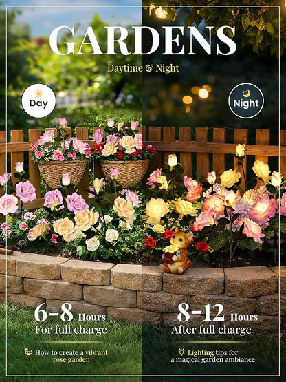GIGALUMI Solar Lights Outdoor for Garden Decor, 6 Pack Solar Flower Lights Waterproof, 2 Lighting Modes 18 Rose Flowers for Pathway,Yard, Patio Decoration, Gardening Gifts for Women (Multi-Colored)