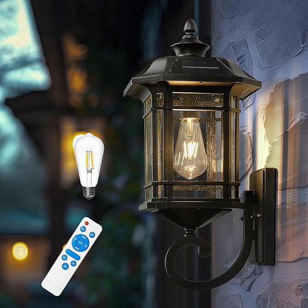 Emliviar Solar LED Wall Light Outdoor,Dusk to Dawn Solar Porch Light with Remote Control, Black Finish with Seeded | Lumora
