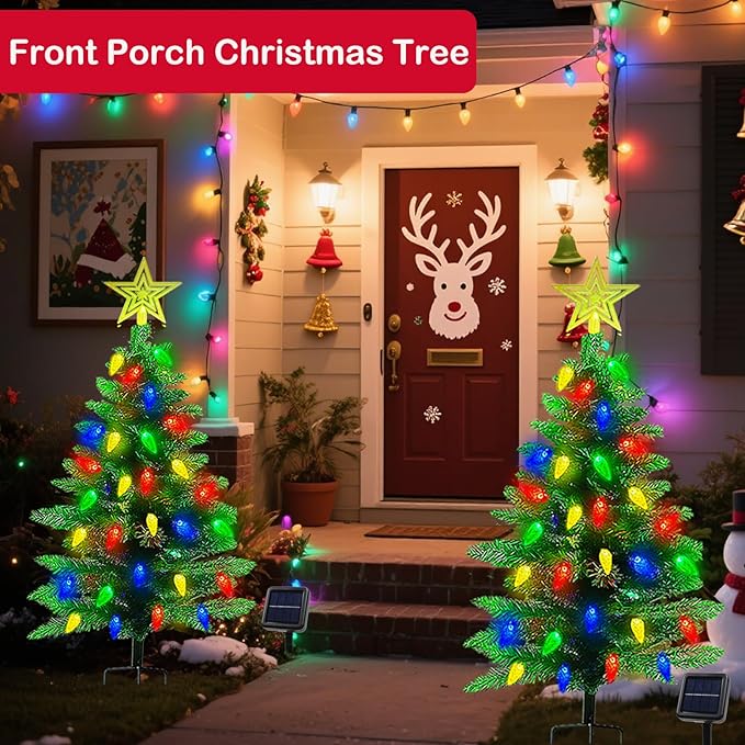 4FT Solar Christmas Tree Christmas Decorations Outdoor, 250 Branch Small Xmas Tree with 100 LED C6 Lights, Waterproof Solar Christmas Lights for Porch, Pathway, Yard, Cemetery, 1 Pack