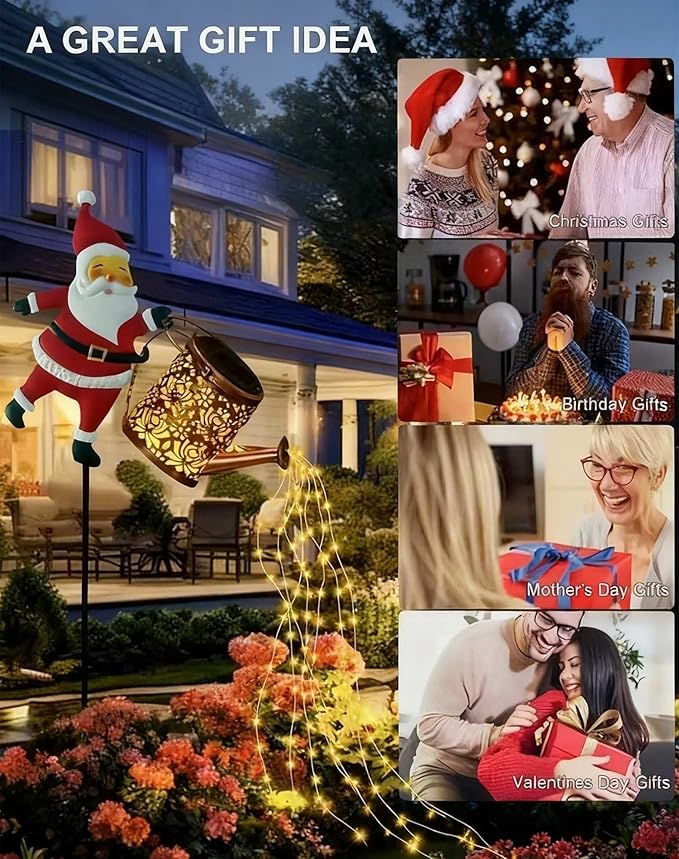 Christmas Santa Solar Kettle Lights Garden Lawn Decorative Lights, 2026 New Hanging Metal Solar Santa Claus Watering Can with LED Light for Pathway Patio(Warm White Lights)