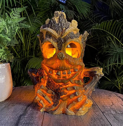 Solar Light Outdoor Waterproof, Garden Statues Tiki Decor Halloween Solar Lanterns, Tree Stump on Fire Flickering Flame Light Waterproof for Table, Yard, Garden, Patio, Pathway, Holiday