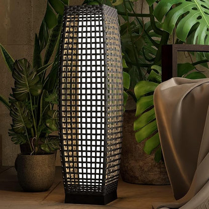 Grand patio Outdoor Floor Lamp Solar Powered Lantern Water-Resistant Wicker Deck Light for Garden or Porch -Large Fuji, Silver Gray