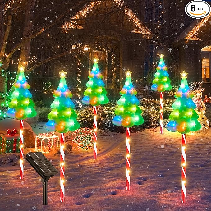 25" Larger Outdoor Christmas Decorations, 6 Pack Colorful Solar Candy Cane Christmas Tree Lights with 10 Lighting Modes and Bright 102 LED, Waterproof Solar Christmas Tree for Pathway Yard