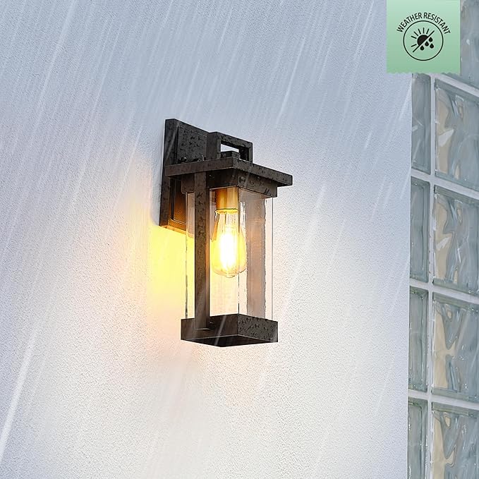 GLOBE Electric 60000028 1-Light Outdoor Wall Sconce, Matte Black, Brass Accent, Clear Seeded Glass Shade, Weather Resistant, Front or Back Porch Decor, Modern Exterior Lighting, Patio Lights