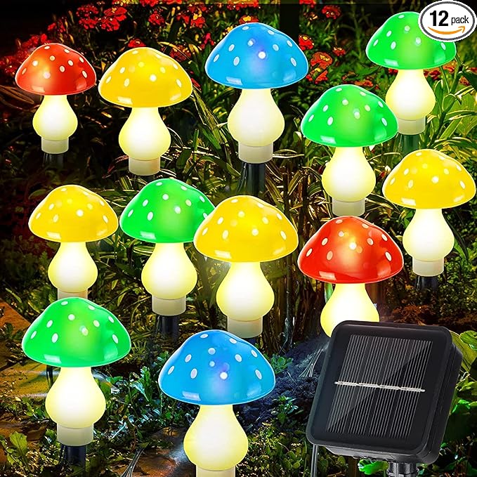 A Set of 12 PCS （Multicolor） New Upgraded Waterproof Solar Mushroom Lights Outdoor Decor,LED Fairy Lights, for Garden Lawn Flower Bed Channel Easter Pathway Halloween Xmas Decorations