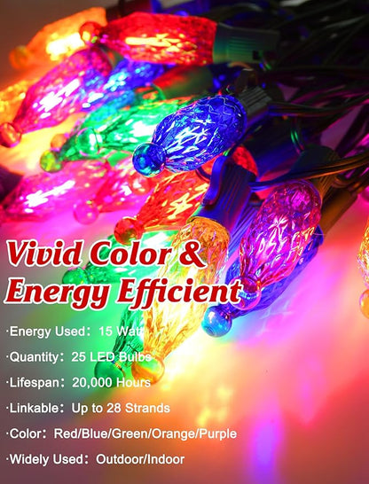 SUNSGNE 25FT Colored Christmas Lights with 25 LED Diamond Shatterproof Multicolor Bulbs, Colorful Christmas Lights for Patio Yard Porch Balcony Gazebo Xmas Decorations, E12 Socket