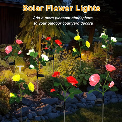 Garden 4 Pack LED Solar Flower Lights with More Realistic Rose Flowers Solar Garden Lights Outdoor Waterproof for Yard Patio Lawn Pathway Walkway Decoration 4-Pack Yellow & Pink & Red & White Combo