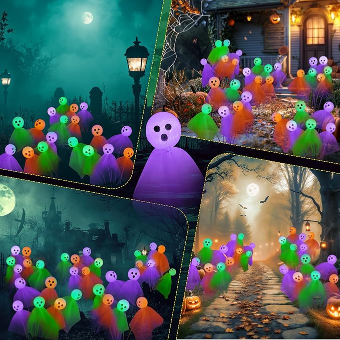 VIHOSE 2 Packs Halloween Solar Lights Outdoor 12 LED Solar Ghost Pathway Lights Waterproof Spooky Ghost Path Light Outdoor Halloween Decorations for Outside Garden Lawn Yard Decors (Colorful)