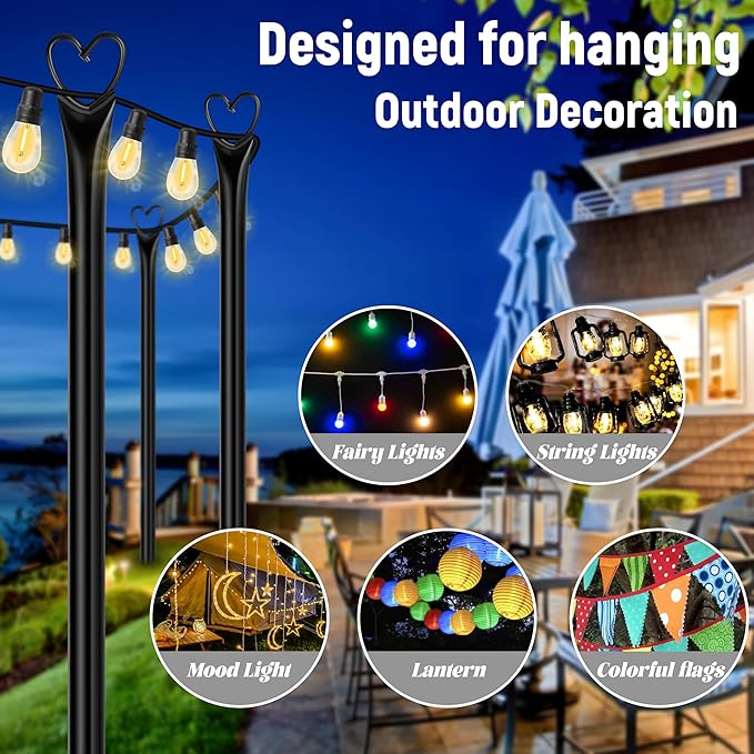 Ottsuls 4 Pack String Light Poles, 10FT Outdoor String Light Poles with Fork and Fixing Clamp, Metal Lighting Poles | Lumora