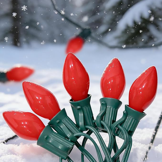 25Ft Red Chritsmas Lights Outdoor, C7 Vintage String Lights with 27 Red Baked Incandescent Bulbs, Hanging Patio Lights for Porch Roofline Christmas Tree Garden Pathway Indoor Decor