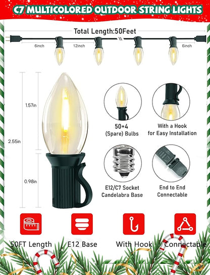 50Ft LED Christmas Outdoor String Lights, C7 Vintage String Lights with 27 0.6W Warm White Bulbs, Clear Christmas Lights for Holiday Party Backyard Wedding Garden Patio Porch Decor, Green Wire
