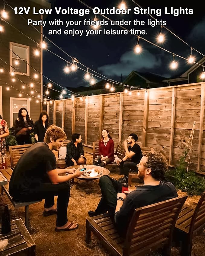GANA Outdoor String Lights, Patio Lights 48FT CRI 96+, 2200K 12V Safety Voltage, 15 E26 Hanging Sockets, LED | Lumora
