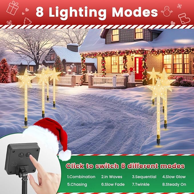 Solar Christmas Decorations Outdoor-8 Pack 64 Warm White LED Star Pathway Lights with 8 Modes IP64 Waterproof Xmas Decoration for Garden Patio Yard Porch Driveway