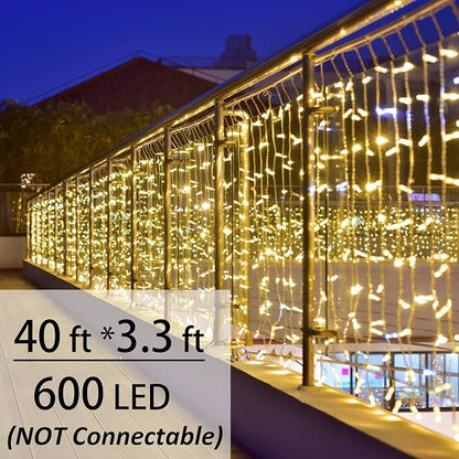 Solhice LED Curtain Lights Outside 40ft x 3ft for Backyard, 600 LED Plug in Hanging Fence String Lights Outdoor Waterproof for Backdrop Backyard Patio Deck Décor (Not Connectable)