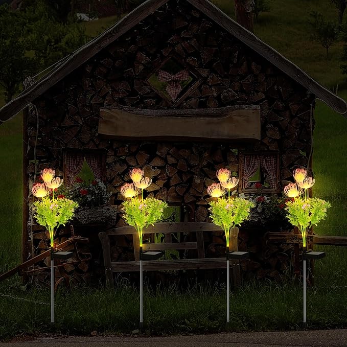 4 Pcs Solar Flower Lights Outdoor Waterproof, Solar Garden Lights for Pathway, Yard, Patio, Lawn, Easy Installation, Auto on/Off, Energy-Saving, Ip65 Weatherproof, Multi-Color Led Decoration