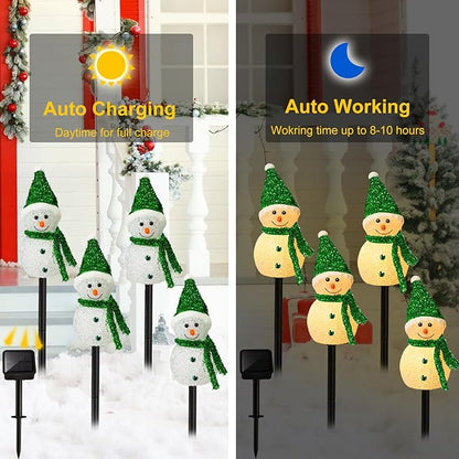 4 Pcs Solar Christmas Snowman Outdoor Decorations LED Stake Lights Solar Snowman Santa Waterproof Walkway Landscape Lights for Pathway, Winter Yard, Garden Decor(Green)