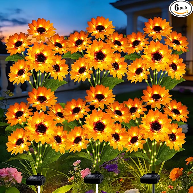 Solar Garden Lights Outdoor, 6 Pack Solar Sunflower Lights with 36 Head 3.4 Inch Flowers, Waterproof Flowers Light Fall Thanksgiving Decorations for Garden Yard Patio Backyard, Gifts for Mom Women