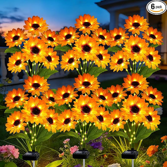 Solar Garden Lights Outdoor, 6 Pack Solar Sunflower Lights with 36 Head 3.4 Inch Flowers, Waterproof Flowers Light Fall Thanksgiving Decorations for Garden Yard Patio Backyard, Gifts for Mom Women