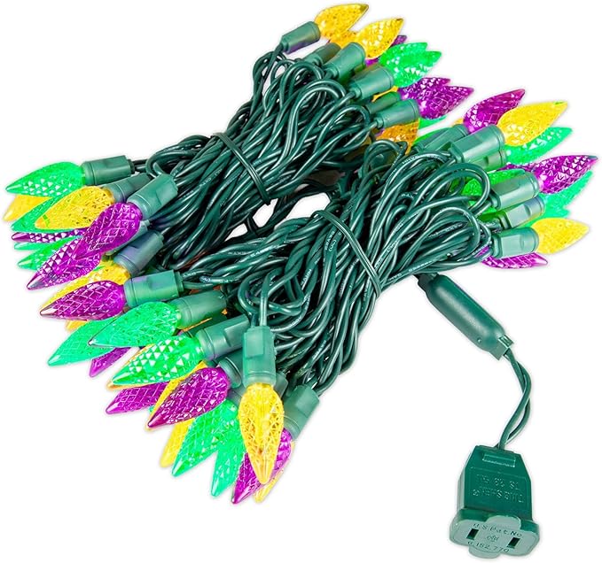 70 Light 24Ft Mardi Gras Lights Commercial String Lights C6 LED Strawberry Faceted Bulb – Yellow/Purple/Green | Lumora