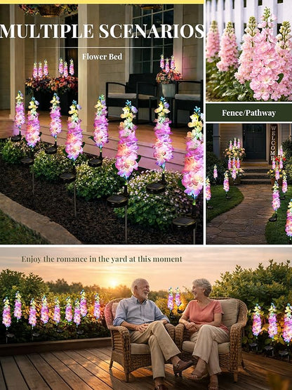 GIGALUMI Solar Lights Outdoor for Garden Decor, 2 Pack Solar Flower Lights Waterproof, 2 Lighting Modes Delphinium for Pathway,Yard, Patio Decoration, Gardening Gifts for Women (Pink)