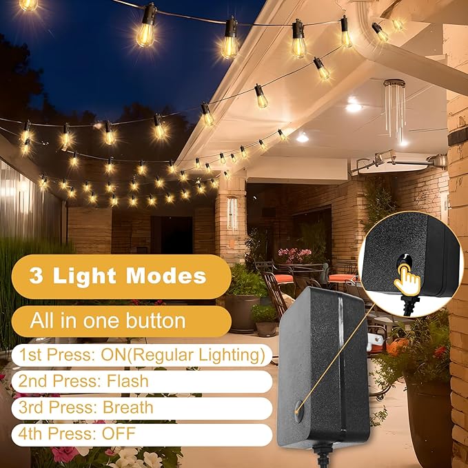 15M LED Outdoor String Lights Patio Dimmable Hanging Light with Remote, Waterproof Shatterproof Edison Bulbs, 3 | Lumora