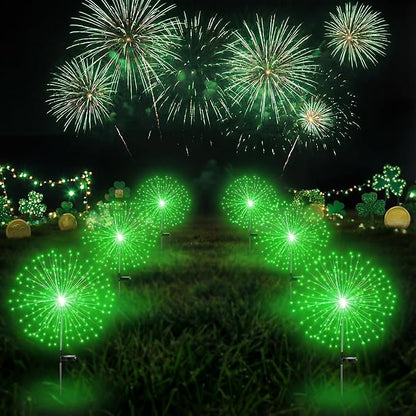 4 Pcs St Patricks Day Solar Lights Solar Firework Lights Decoration 180 LED 8 Modes Waterproof LED Stake Sparkler Decor for Irish Walkway Pathway Driveway Garden Patio Yard Lawn(Green)