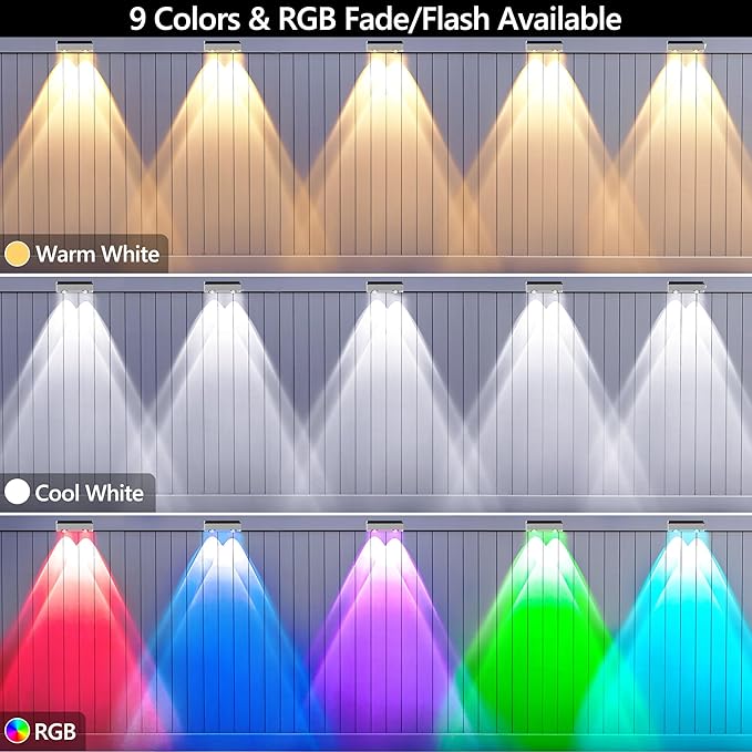 Brizled White Solar Fence Lights Outdoor, 11 Modes & 9 Colors Color Changing Solar Wall Lights, 100 Lumens IP65 | Lumora