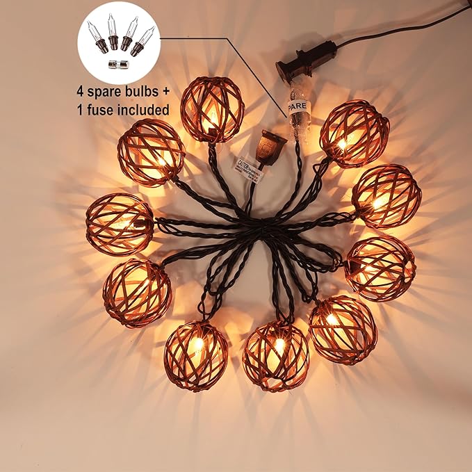 Outdoor Patio String Lights Plug in with 10 Incandescent Bulbs, Handwoven Natural Rattan Boho Decorative Lantern String Lights Connectable Weatherproof for Pergola, Porch, Mantel, Indoor Decor