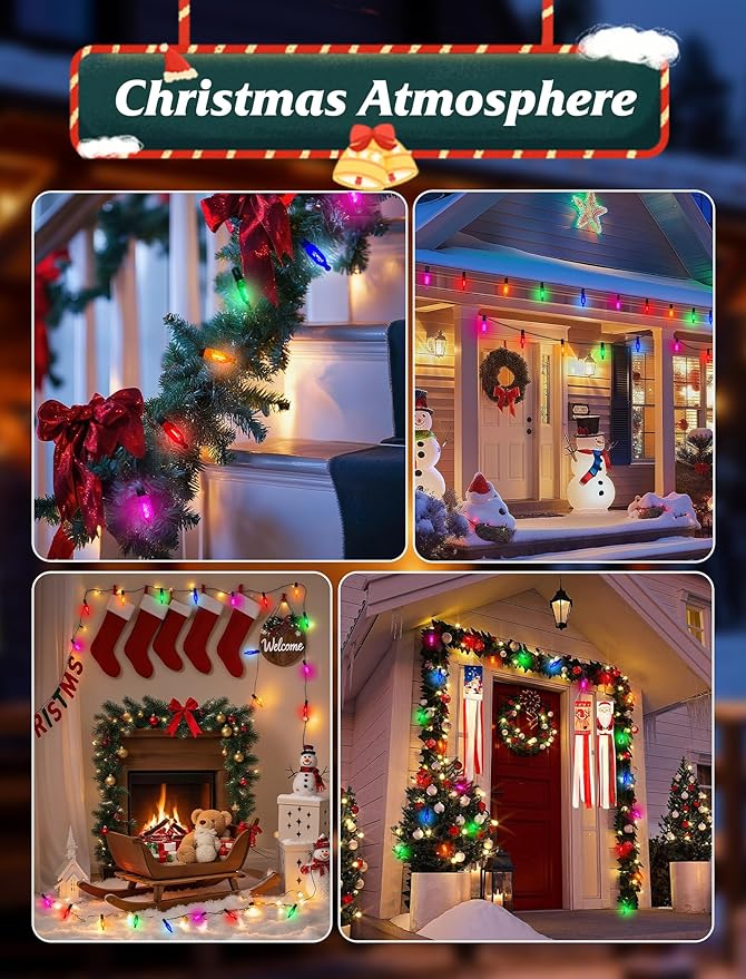 SUNSGNE 25FT Colored Christmas Lights with 25 LED Diamond Shatterproof Multicolor Bulbs, Colorful Christmas Lights for Patio Yard Porch Balcony Gazebo Xmas Decorations, E12 Socket