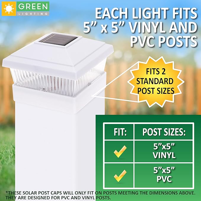 GreenLighting 12 Pack Classic #2 Solar Power Outdoor Garden Pathway Deck Dock Patio Fence Post Light for 5x5 PVC Posts (Off-White)