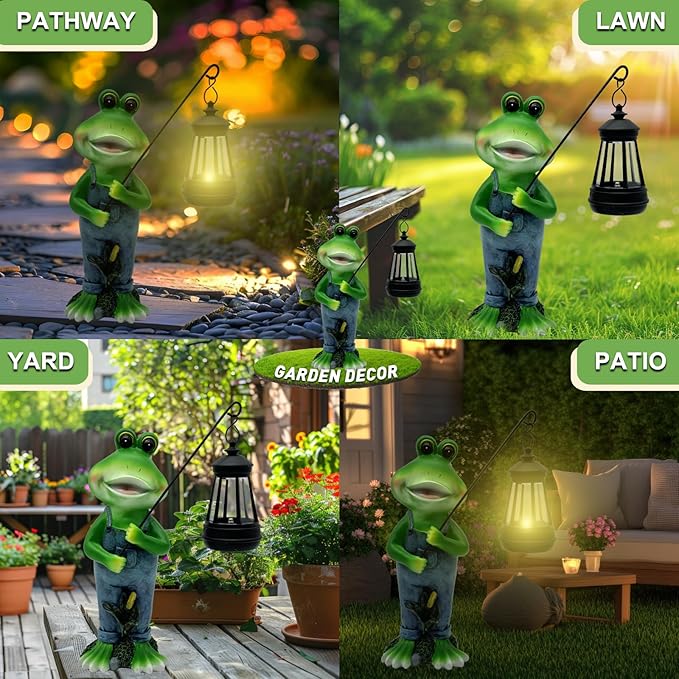 Solar Lantern Garden Statues Decor, 10" Large Outdoor Frog Figurine Lights for Yard Patio Decoration - Unique Christmas Housewarming Gift for Grandma Wowen Mom