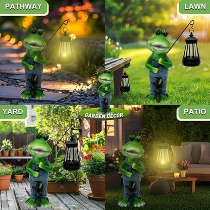 Solar Lantern Garden Statues Decor, 10" Large Outdoor Frog Figurine Lights for Yard Patio Decoration - Unique Christmas Housewarming Gift for Grandma Wowen Mom