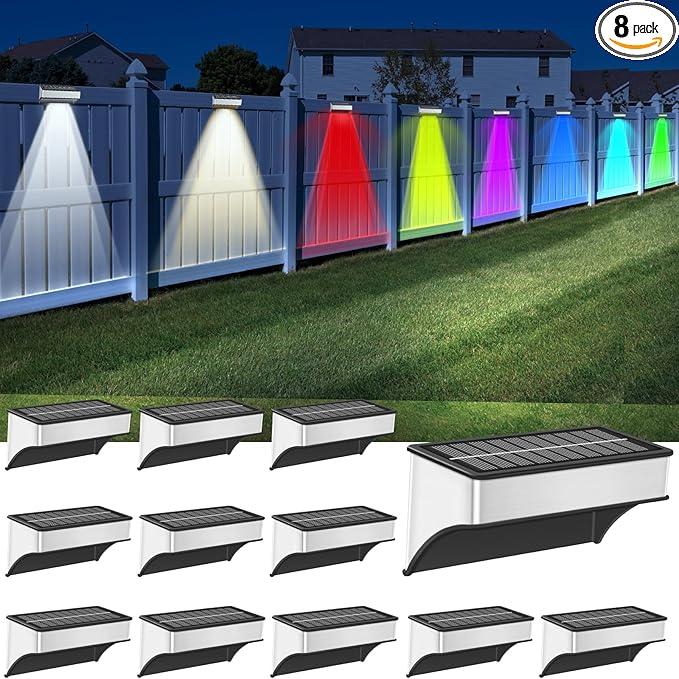 Solar Fence Lights Outdoor 12 Pack, LED Step Lights with 9 Lighting Options, Stainless Steel & IP65 Waterproof, Dusk to Dawn, Solar-Powered Wall Lamps for Outside, Deck, Steps, Patio, Backyard Decor