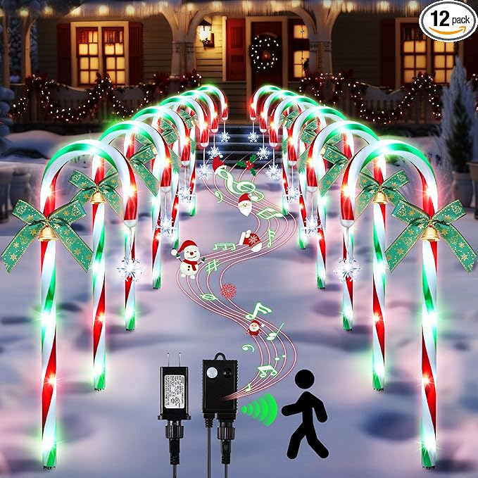 Hiboom 12 Pcs Christmas Candy Cane Light with 4 Christmas Theme Music, 20'' Pathway Markers Lights with Stakes Holiday Driveway Light for Xmas Holiday Party Walkway Garden Decor(Red, Green, White)