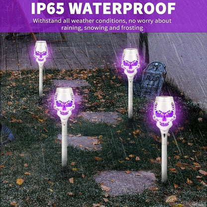 Fockety Solar Halloween Lights, 4Pcs Skull Light Solar Torch Light with Flickering Flam, IP65 Solar Pathway Lights for Outside Garden Yard Patio Pathway Halloween Decoratrions