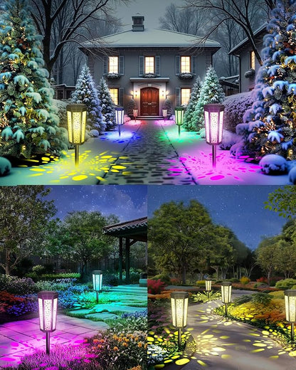 Colored Solar Powered Pathway Landscape Lights Outdoor Warm White & RGB Dusk to Dawn Waterproof for Garden Sideway Outside, Patio, Path, Yard, Walkway, Driveway, 2 Modes 4 Pack Accent Modern Design