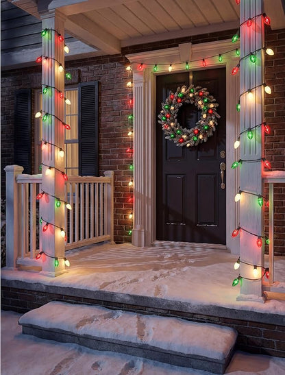 25Ft C9 Christmas Multicolor String Lights, Vintage Christmas Lights with 27 C9 Clear Red/Green/Frosted White Bulbs, Outdoor Hanging Patio Lights for Xmas Tree Path Roofline Wedding Party Decoration