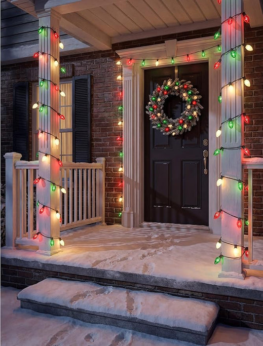 25Ft C9 Christmas Multicolor String Lights, Vintage Christmas Lights with 27 C9 Clear Red/Green/Frosted White Bulbs, Outdoor Hanging Patio Lights for Xmas Tree Path Roofline Wedding Party Decoration