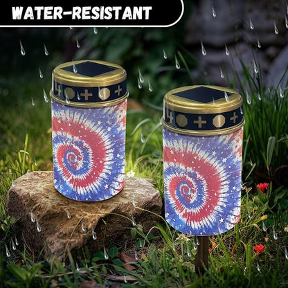 Cemetery Solar Lights Tie-Dye American Flag Solar Stake Lights Decorative for Grave Yard Patio Outdoor