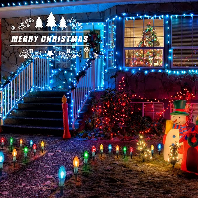 Brightown C9 Christmas String Lights Outdoor - 25.7 Feet 20 LED Christmas Pathway Lights with 20 Stakes Connectable Waterproof for Driveways Xmas Holiday Patio Decoration, Multicolored