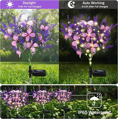 Solar Garden Lights Outdoor, 4 Pack Purple Lavender Solar Butterfly Lights Gardening Gifts for Women, Artificial Flower with Butterfly Purple Garden Decor for Lawn Patio-Warm White