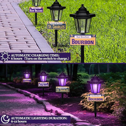 VIHOSE 4 Pcs Solar Mardi Gras Pathway Light Outdoor New Orleans Street Sign Waterproof Purple Solar Stake Light Mardi Gras Lamp Yard Sign for Garden Outside Porch Supplies New Orleans Decorations