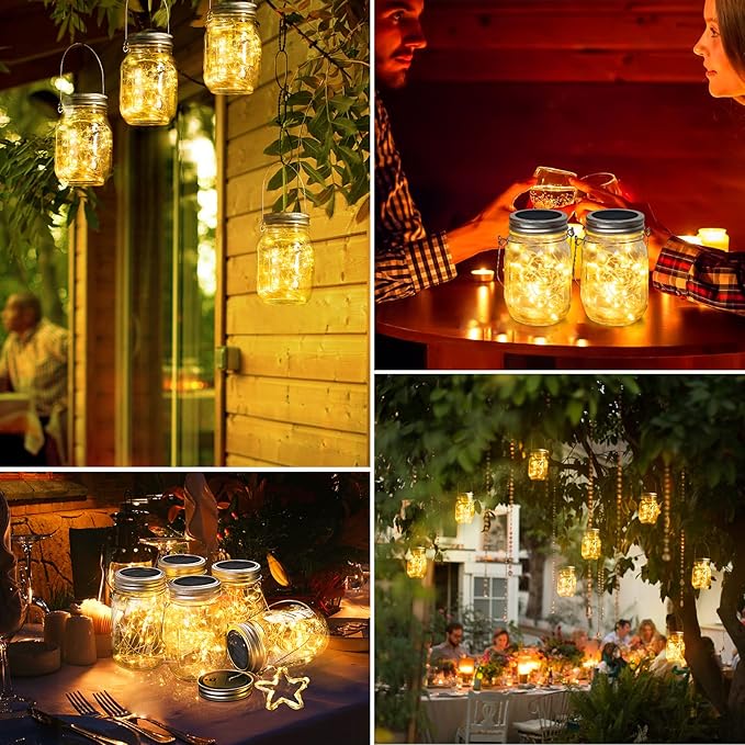 Bundle－－2 Items：Mason Jar Solar Lights -30 LED, 6 Pack Hanging Solar Lanterns Bundle with 12 Pack E12 LED Edison Bulbs,4W Equal 40W e12 Candelabra Bulbs