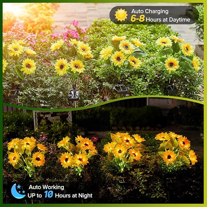 Solar Sunflower Lights Outdoor Waterproof - 3 Pack with 18 Bright Solar Sunflower Lights, IP65 Waterproof Light for Outdoor Flower Bed, Yard, Pathway, Patio Decor - for Mom, Women, Grandma